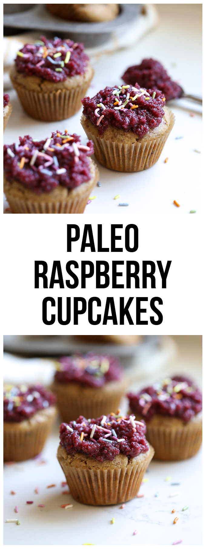 These Paleo Raspberry Vanilla Cupcakes are totally grain free and are sweetened with coconut sugar! Perfect for a birthday, bridal shower or any occasion!