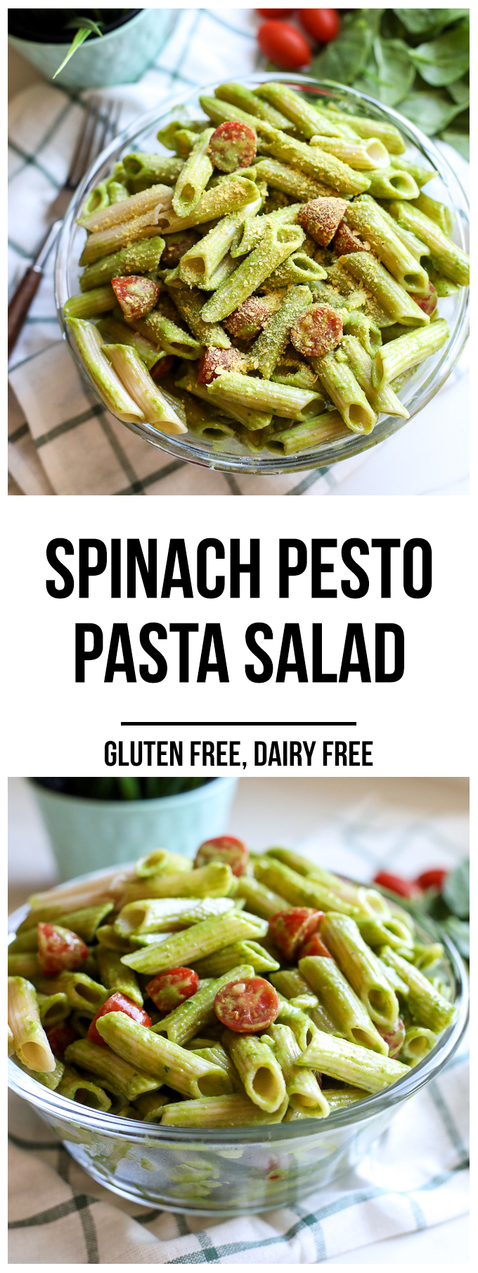 This Spinach Pesto Pasta Salad is the perfect side dish for spring and summer! Can be served hot or cold and is great for make ahead!