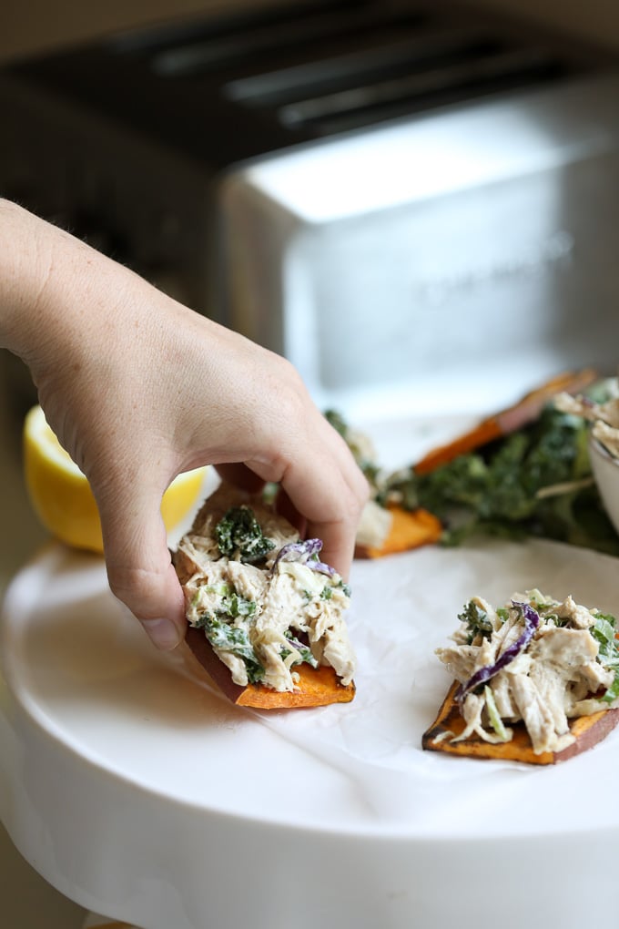 This Caesar Chicken Salad on Sweet Potato Toast is a fabulous way to enjoy a whole30 or paleo lunch that you can prep ahead!