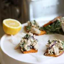 This Caesar Chicken Salad on Sweet Potato Toast is a fabulous way to enjoy a whole30 or paleo lunch that you can prep ahead!