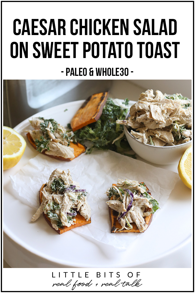 This Caesar Chicken Salad on Sweet Potato Toast is a fabulous way to enjoy a whole30 or paleo lunch that you can prep ahead!