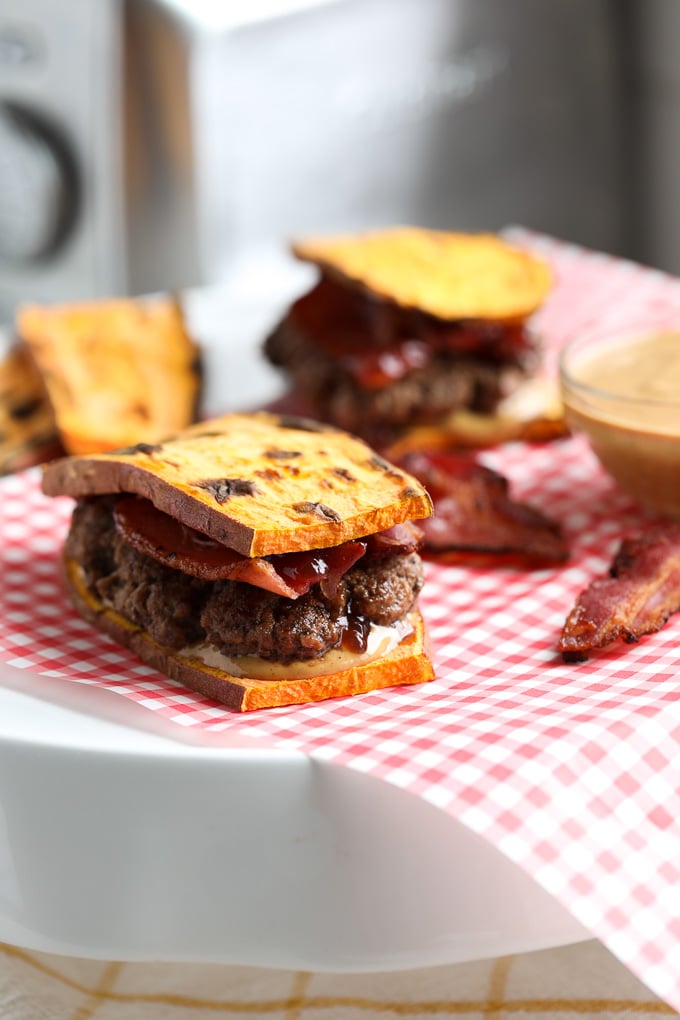 This Peanut Butter Jelly and Bacon Burger on Sweet Potato Toast is the perfect combination of salty and sweet! 
