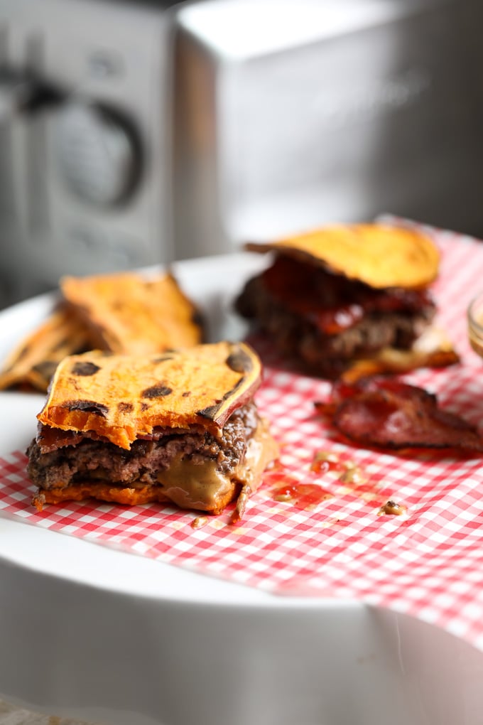 This Peanut Butter Jelly and Bacon Burger on Sweet Potato Toast is the perfect combination of salty and sweet! 