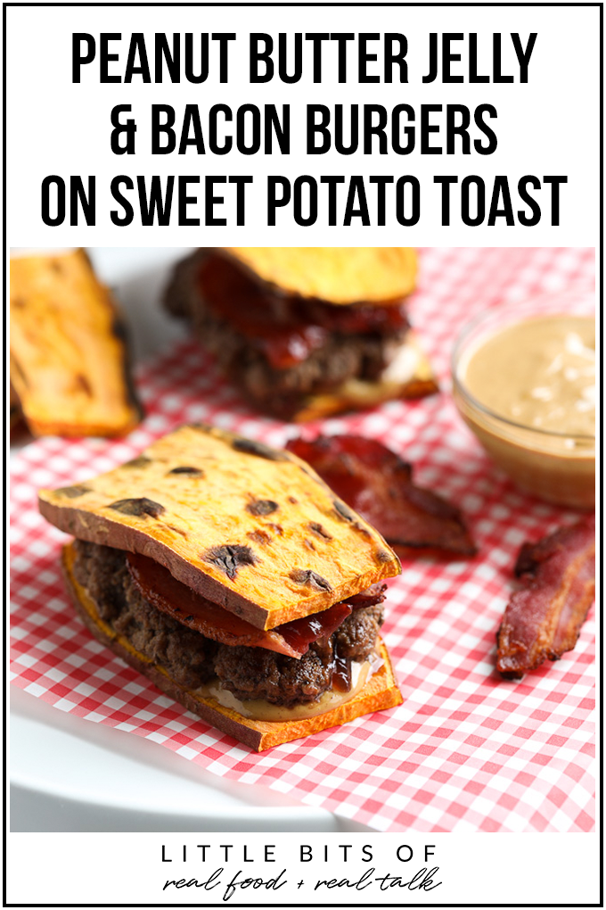 This Peanut Butter Jelly and Bacon Burger on Sweet Potato Toast is the perfect combination of salty and sweet! 