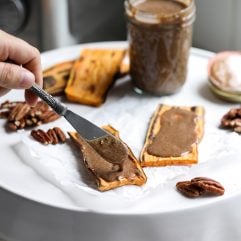 This Pecan Praline Butter is perfect for topping on sweet potato toast or eating by the spoonful!