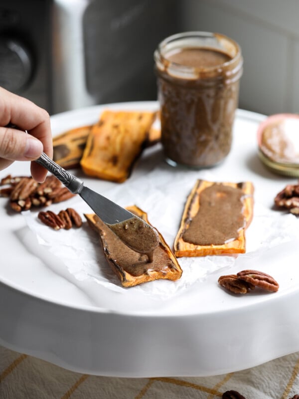 This Pecan Praline Butter is perfect for topping on sweet potato toast or eating by the spoonful!