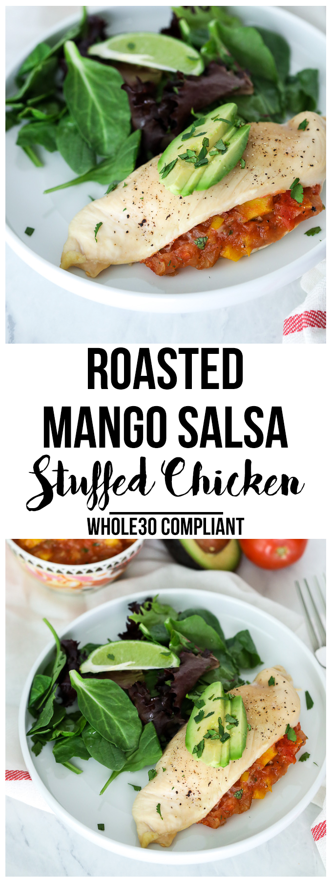 This Roasted Mango Salsa Stuffed Chicken is a fabulous meal for a quick and fresh dinner that is whole30 compliant!