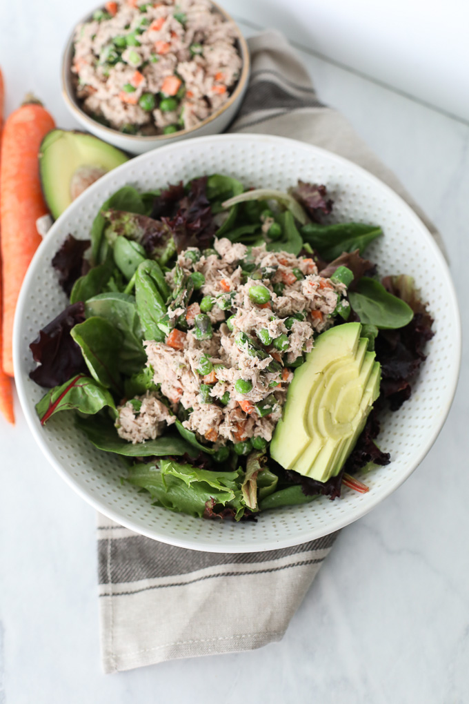 This Spring Veggie Tuna Salad is a great way to add seasonal produce into a quick and high protein weekday lunch!