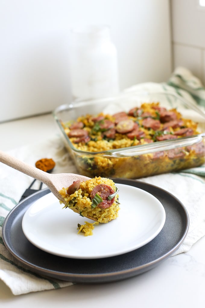 This Thai Curry Cauliflower Rice and Chicken Sausage Bake