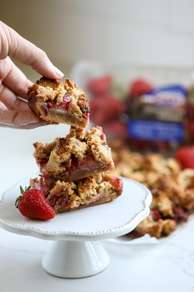 These Grain Free Strawberry Crumb Bars are the perfect healthy dessert to bring to a pool party or BBQ this summer!