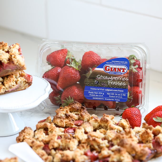 These Grain Free Strawberry Crumb Bars are the perfect healthy dessert to bring to a pool party or BBQ this summer!