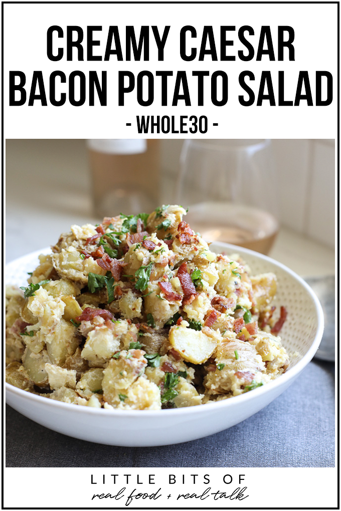 This Creamy Caesar Bacon Potato Salad is the perfect clean and Whole30 side dish recipe for summer! All the best flavors to create a great BBQ staple!