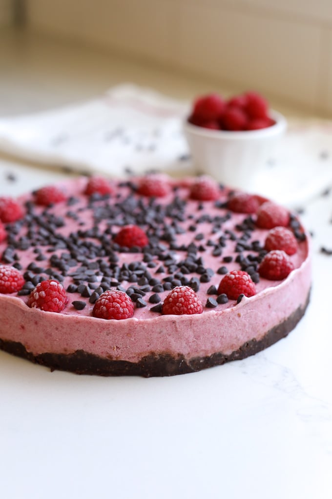 This raspberry chocolate chip nice cream tart is the perfect summer treat that is packed with flavor and made with clean ingredients!