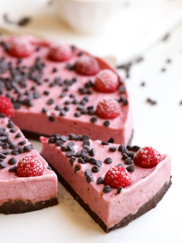 This raspberry chocolate chip nice cream tart is the perfect summer treat that is packed with flavor and made with clean ingredients!