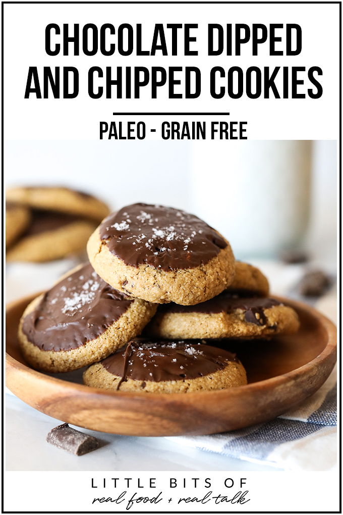 These chocolate dipped and chipped cookies are paleo, grain free, refined sugar free and so delicious!