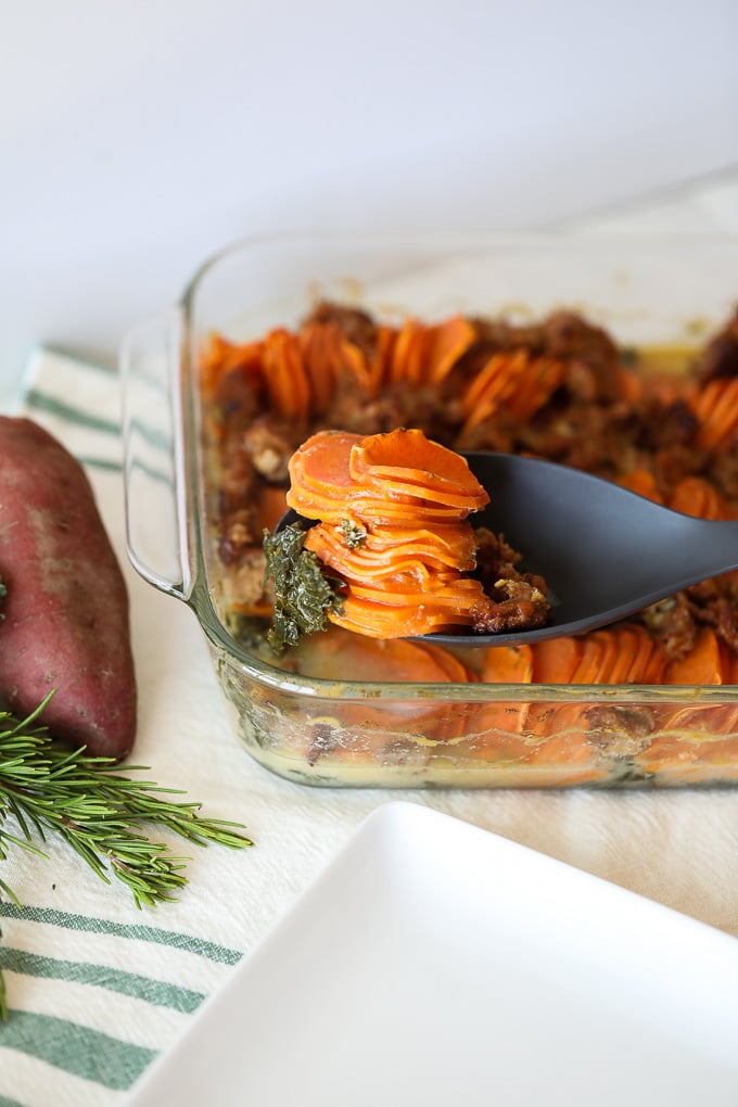 This Sweet Potato and Sausage Casserole is a perfect dish for Thanksgiving, Friendsgiving and and other fall gathering!