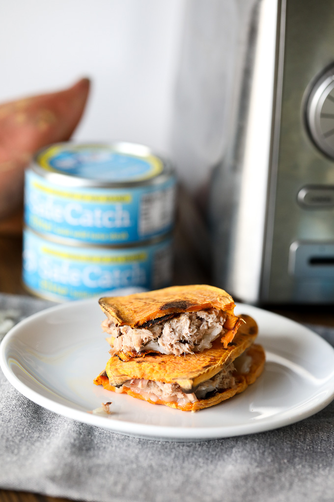 This Sweet Potato Toast Tuna Melt is so easy to make and fills that comfort food craving with no grains! Perfect with tomato soup for a quick and healthy lunch.