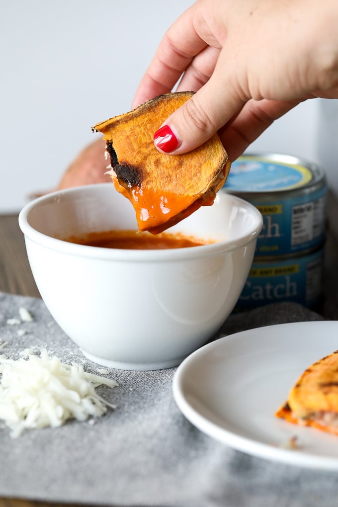 This Sweet Potato Toast Tuna Melt is so easy to make and fills that comfort food craving with no grains! Perfect with tomato soup for a quick and healthy lunch.