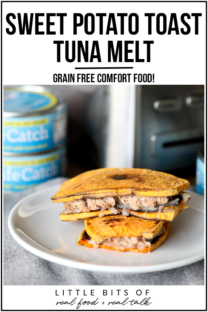 This Sweet Potato Toast Tuna Melt is so easy to make and fills that comfort food craving with no grains! Perfect with tomato soup for a quick and healthy lunch.