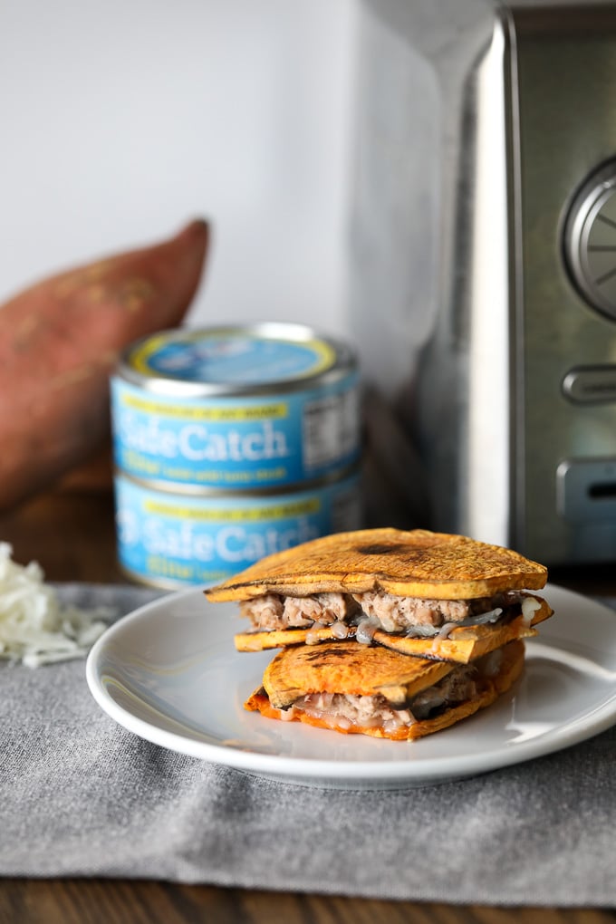 This Sweet Potato Toast Tuna Melt is so easy to make and fills that comfort food craving with no grains! Perfect with tomato soup for a quick and healthy lunch.