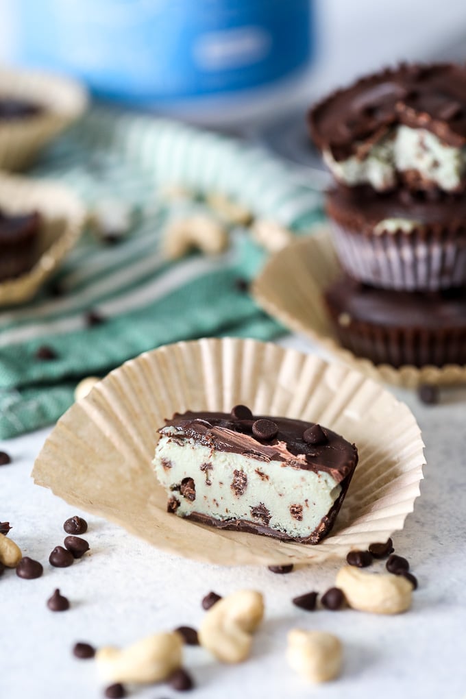 These Mint Chocolate Chip Cups are paleo, creamy, cashew based and packed with collagen protein!