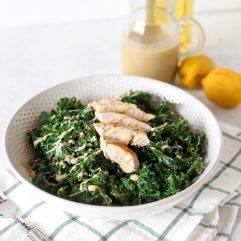 This Warm Kale Chicken Caesar Salad is a great way to enjoy a salad in the colder months! Whole30 compliant and an easy caesar dressing that is dairy free!