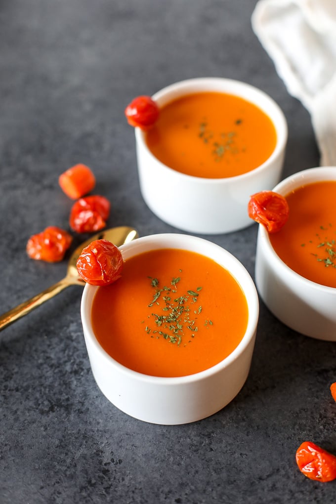 This Cherry Tomato & Carrot Soup is whole30 compliant, delicious and a great way to use up your cherry tomatoes!