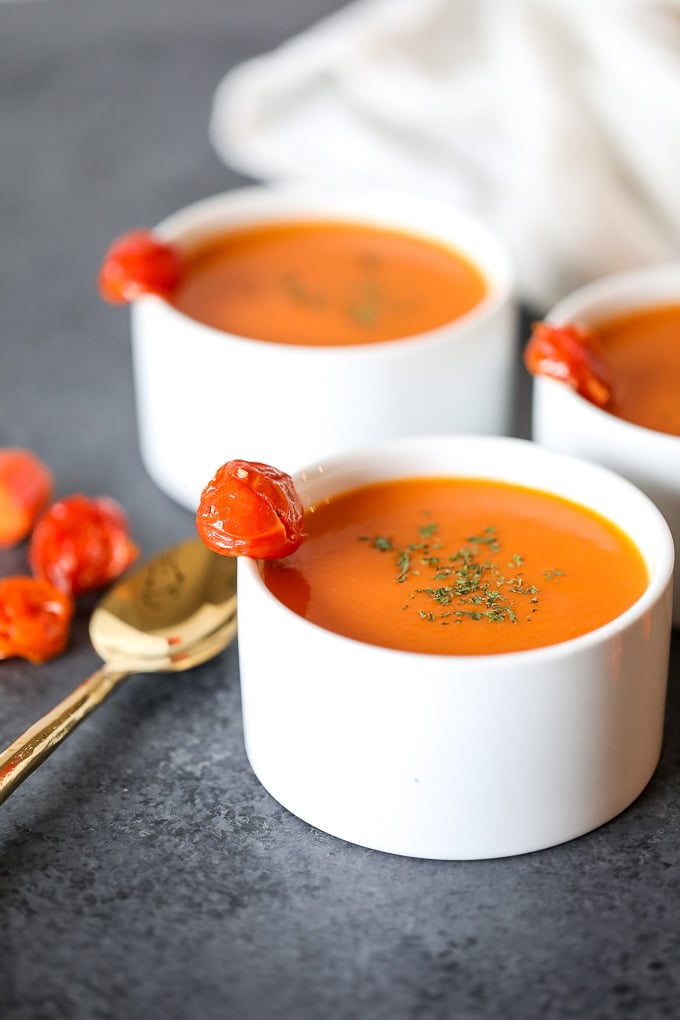 This Cherry Tomato & Carrot Soup is whole30 compliant, delicious and a great way to use up your cherry tomatoes!