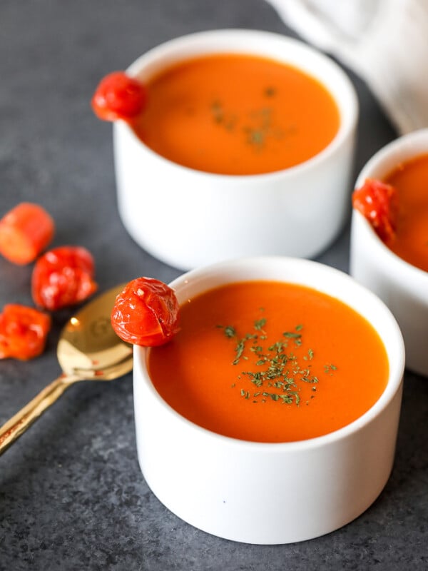 This Cherry Tomato & Carrot Soup is whole30 compliant, delicious and a great way to use up your cherry tomatoes!