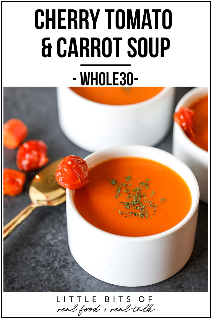 This Cherry Tomato & Carrot Soup is whole30 compliant, delicious and a great way to use up your cherry tomatoes!
