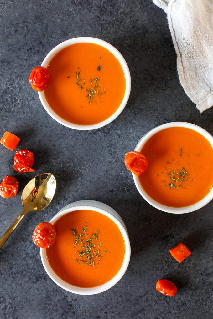 This Cherry Tomato & Carrot Soup is whole30 compliant, delicious and a great way to use up your cherry tomatoes!