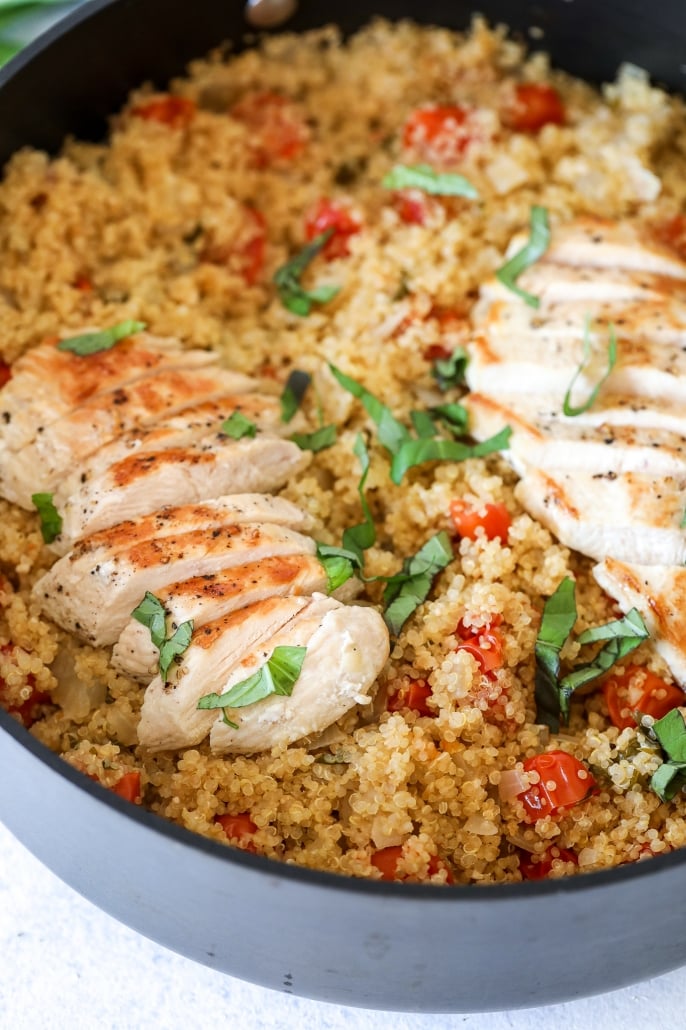 This Tomato Basil Chicken & Quinoa Skillet is healthy, easy to make and a one pot wonder!