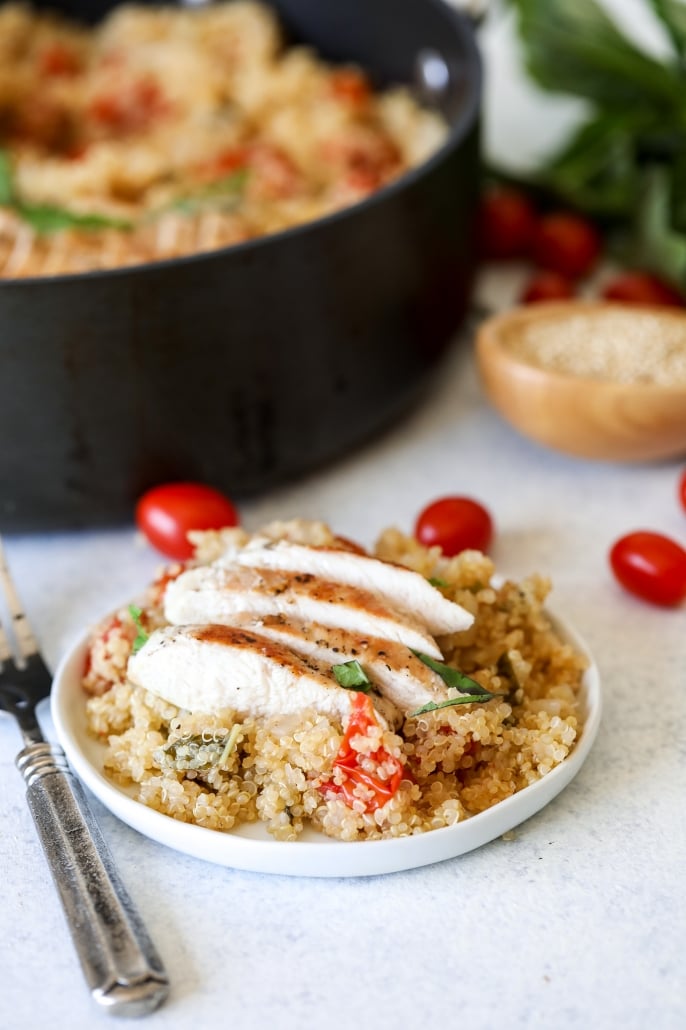 This Tomato Basil Chicken & Quinoa Skillet is healthy, easy to make and a one pot wonder!