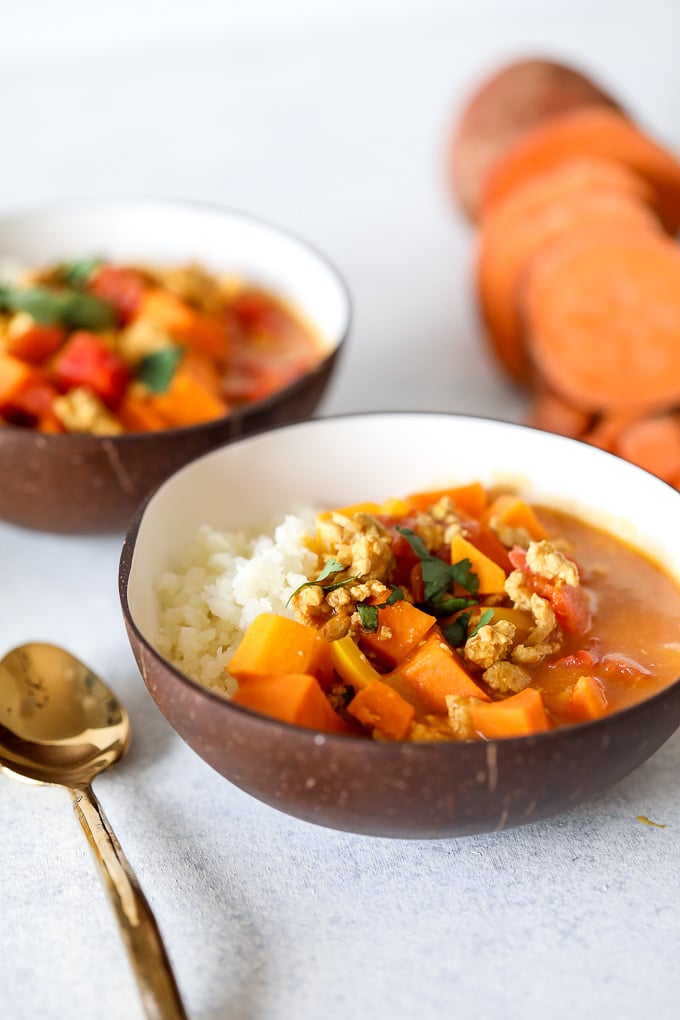 This Coconut Sweet Potato Curry is whole30, paleo and can easily be made vegan!