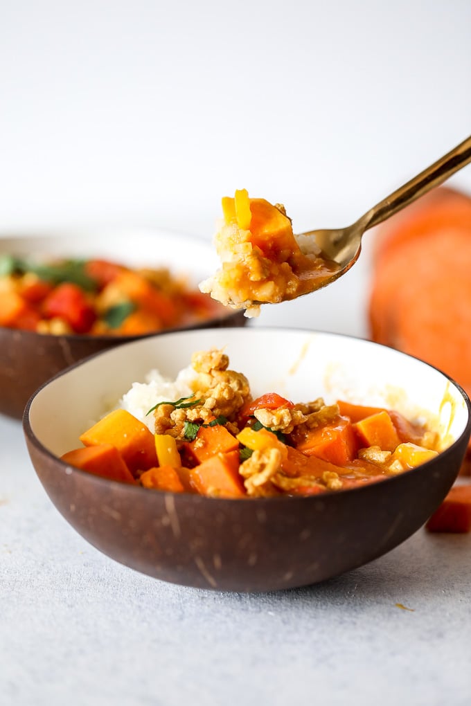 This Coconut Sweet Potato Curry is whole30, paleo and can easily be made vegan!