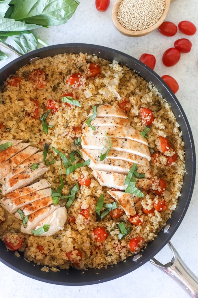 This Tomato Basil Chicken & Quinoa Skillet is healthy, easy to make and a one pot wonder!