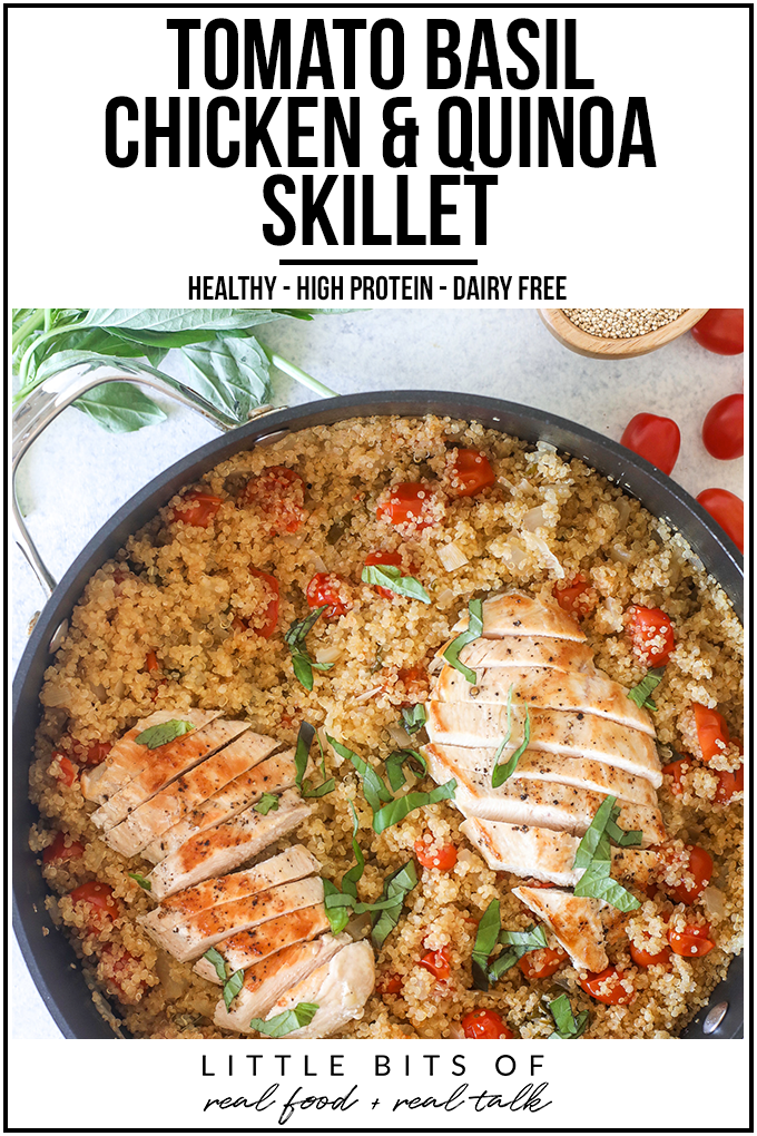 This Tomato Basil Chicken & Quinoa Skillet is healthy, easy to make and a one pot wonder!