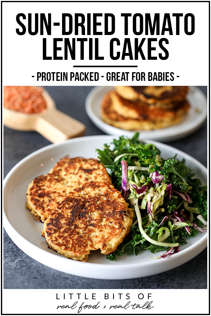 These Sun-dried Tomato Lentil Cakes are easy to throw together, packed with protein, vegetarian and great for babies!