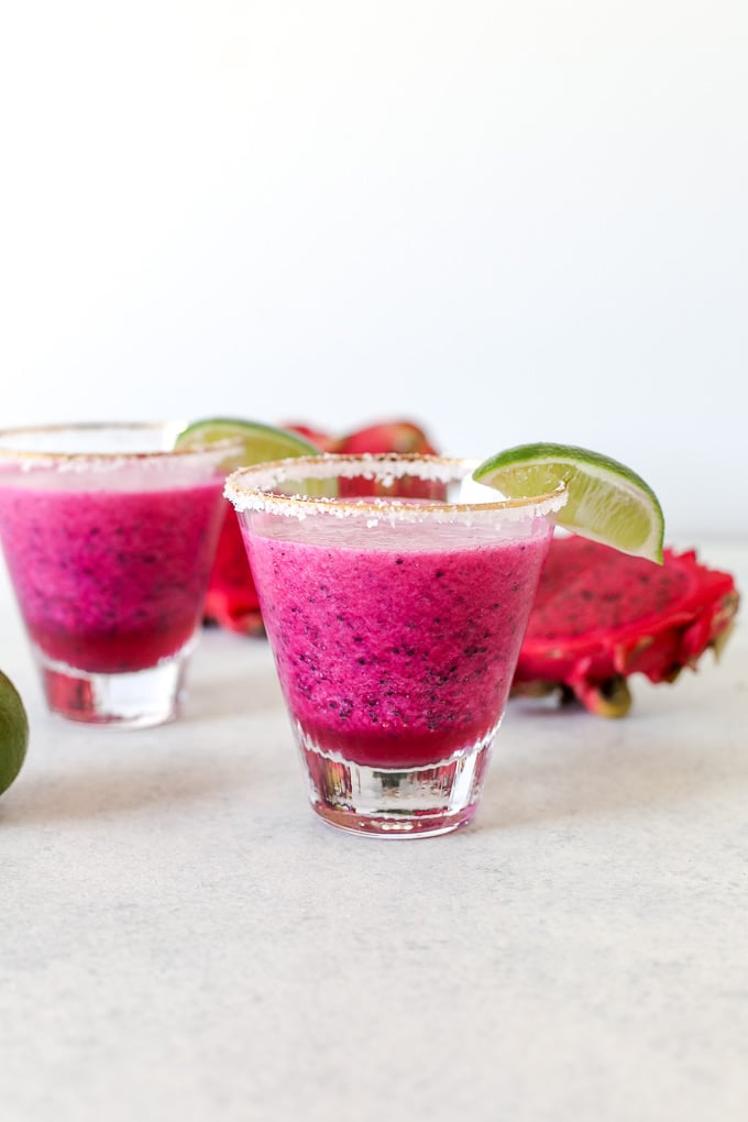 These Dragon Fruit Margaritas are naturally sweetened with honey and perfect for a warm summer day!