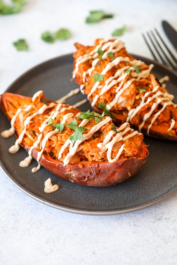 These Twice Baked Chipotle Chicken Sweet Potatoes are whole30 compliant, easy to throw together and can be prepped ahead of time!