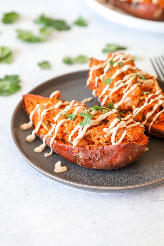 These Twice Baked Chipotle Chicken Sweet Potatoes are whole30 compliant, easy to throw together and can be prepped ahead of time!