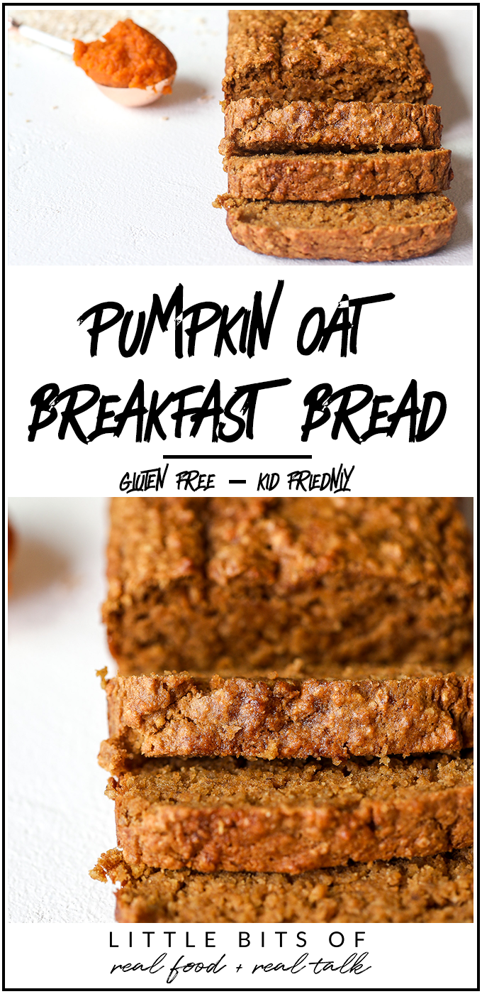 This Pumpkin Oat Breakfast Bread is great to prep for the week and have a gluten free and nutritious breakfast for everyone from babies to kids to adults!