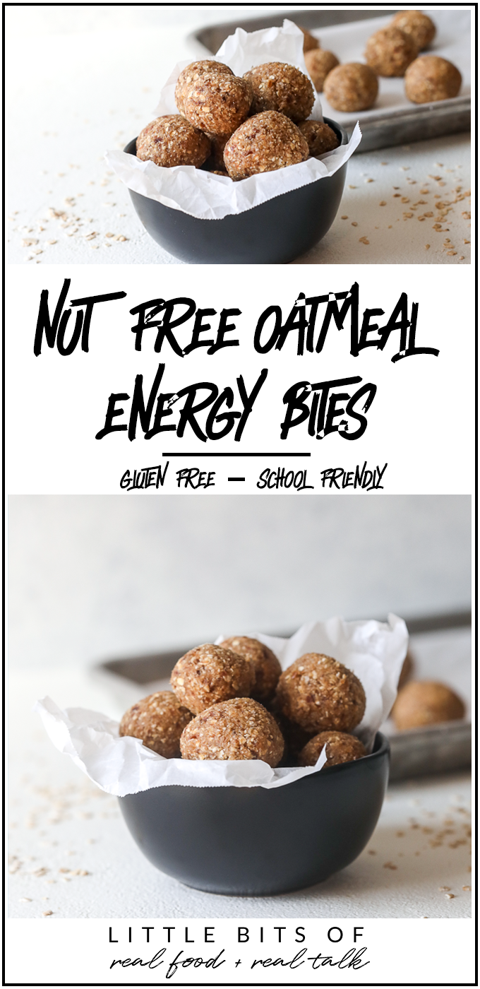 These Nut-free oatmeal energy bites are naturally sweetened and nut free so they are great to add into a lunch box for any school lunch!