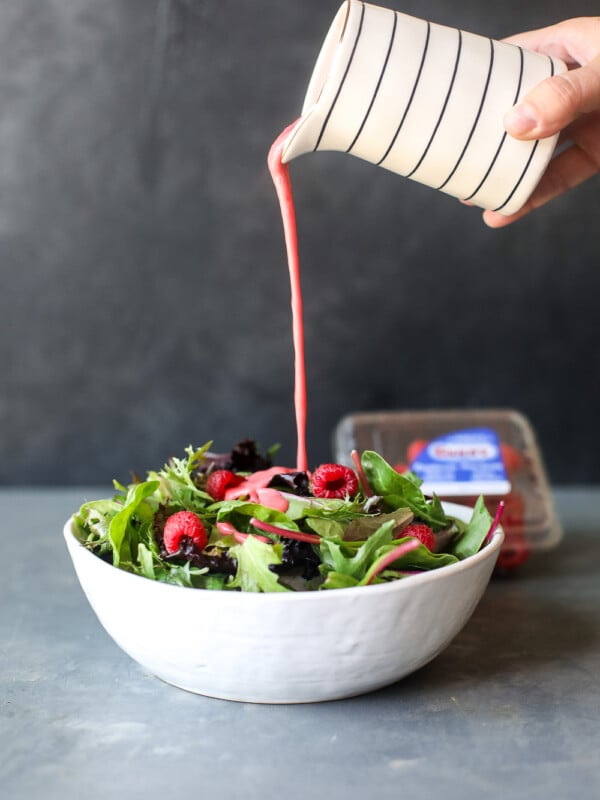 This is a simple Raspberry Vinaigrette recipe that comes together super easily in a blender and is whole30 compliant!