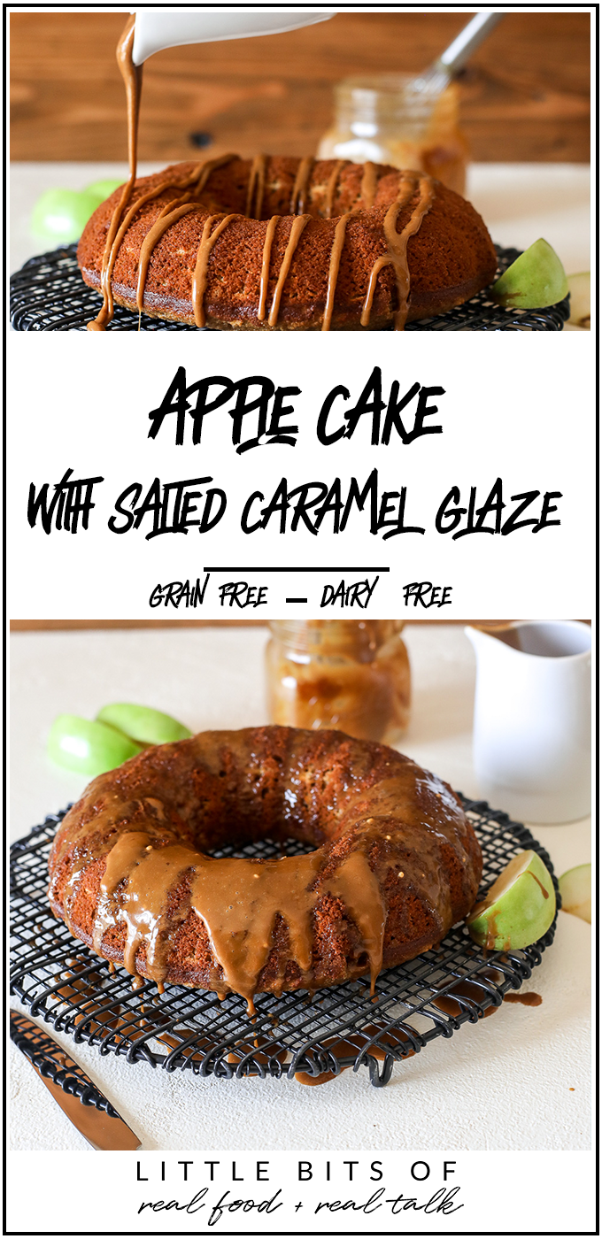 This apple cake with salted caramel glaze is grain free, dairy free and perfect for a healthy fall treat!