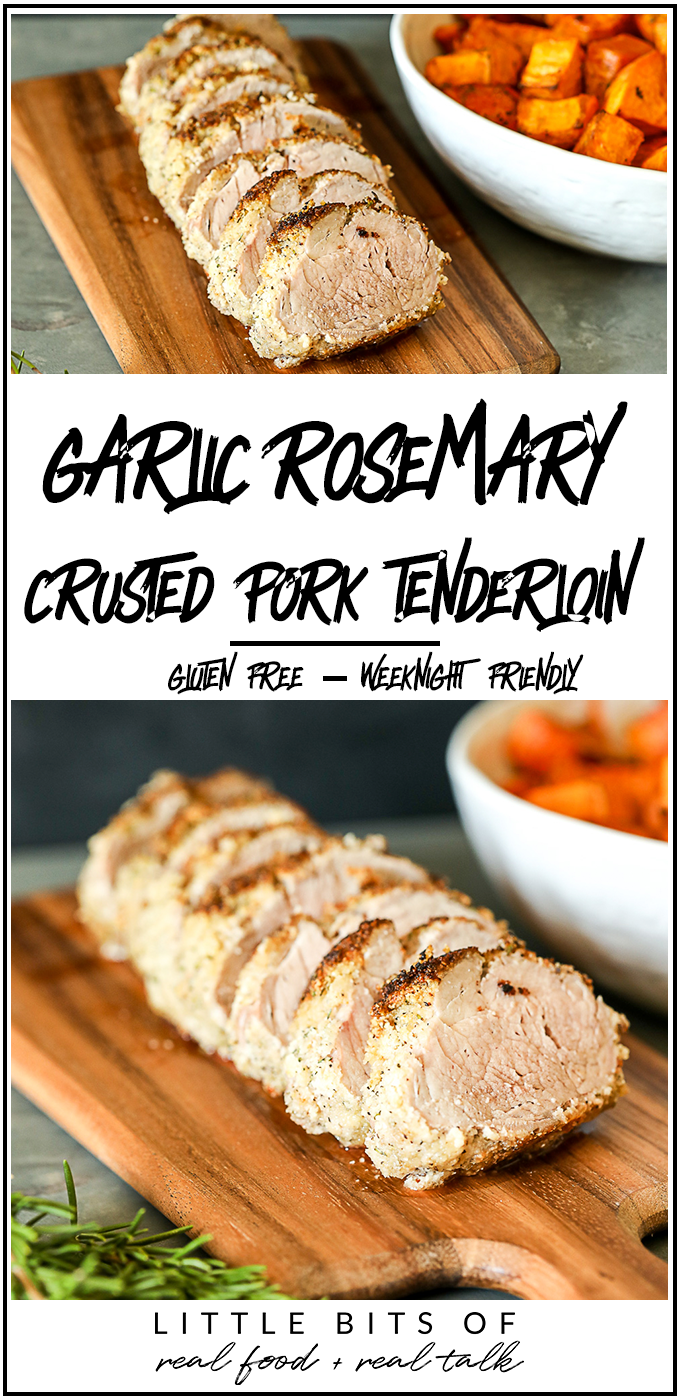 This Garlic Rosemary Crusted Pork Tenderloin is simple enough for a weeknight but flavorful enough for a main event! It is packed with flavor and the whole30 breading keeps it nice and moist!