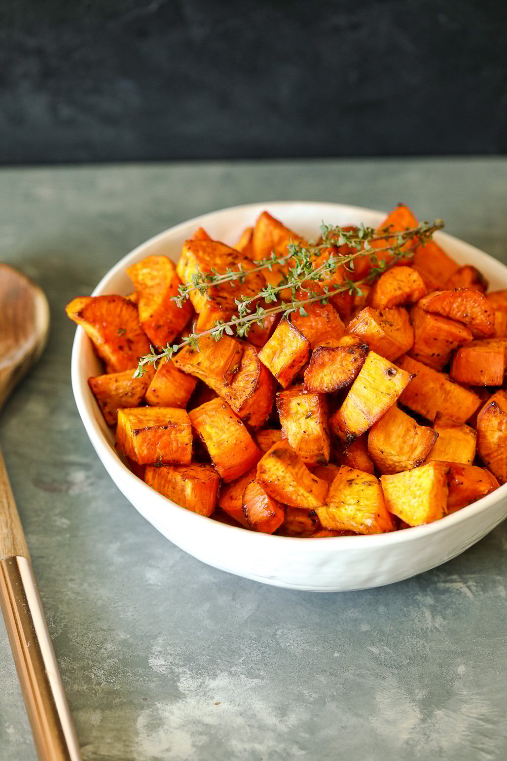 These Maple Thyme Roasted Sweet Potatoes are so simple to make yet so delicious!