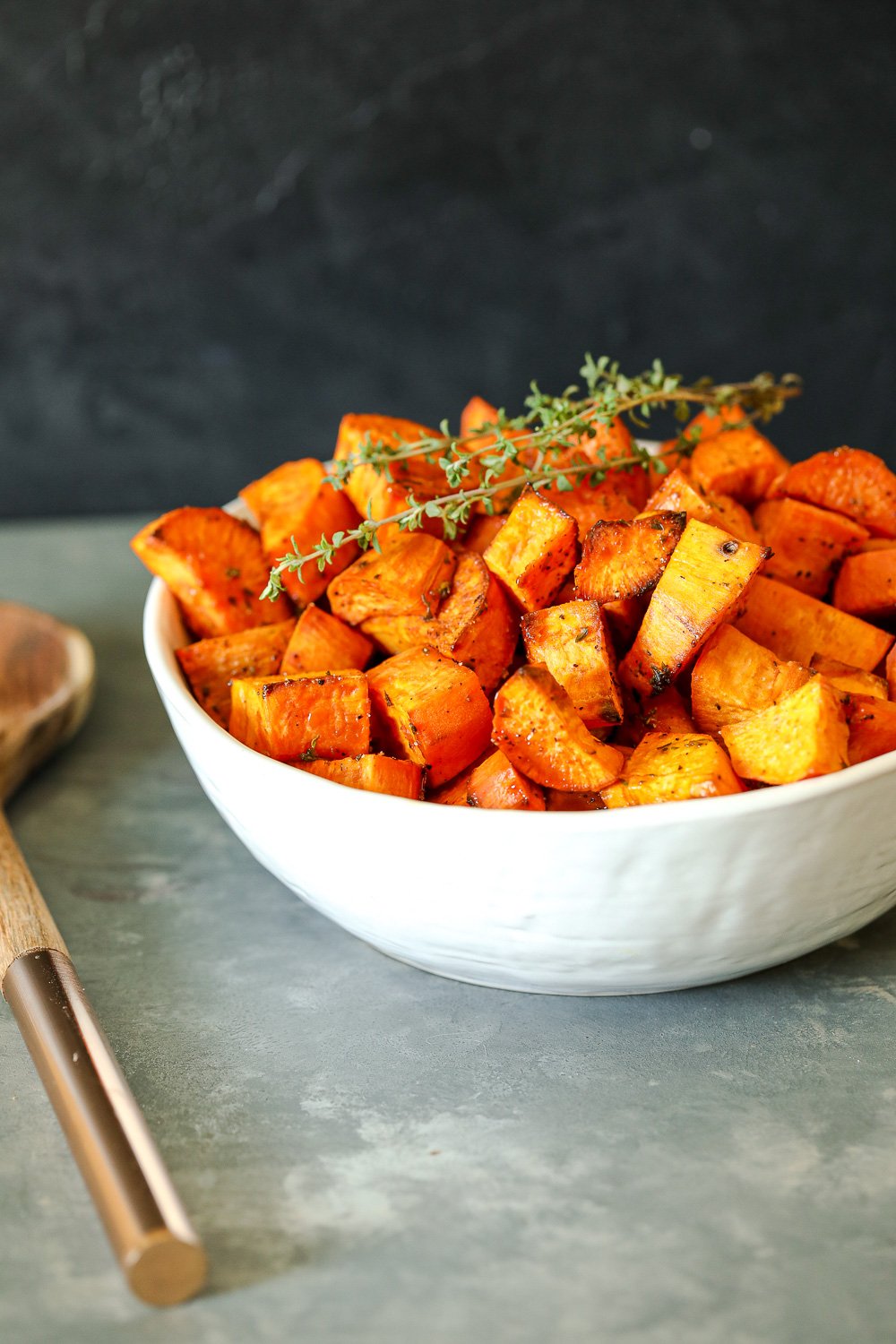 These Maple Thyme Roasted Sweet Potatoes are so simple to make yet so delicious!