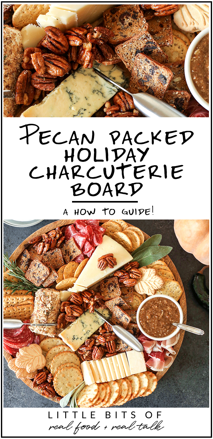 This Pecan-Packed Holiday Charcuterie Board has Maple Sage Pecans, a Rosemary Pecan Crusted Goat Cheese and a Honey Cinnamon Pecan spread that will wow any crowd this holiday!