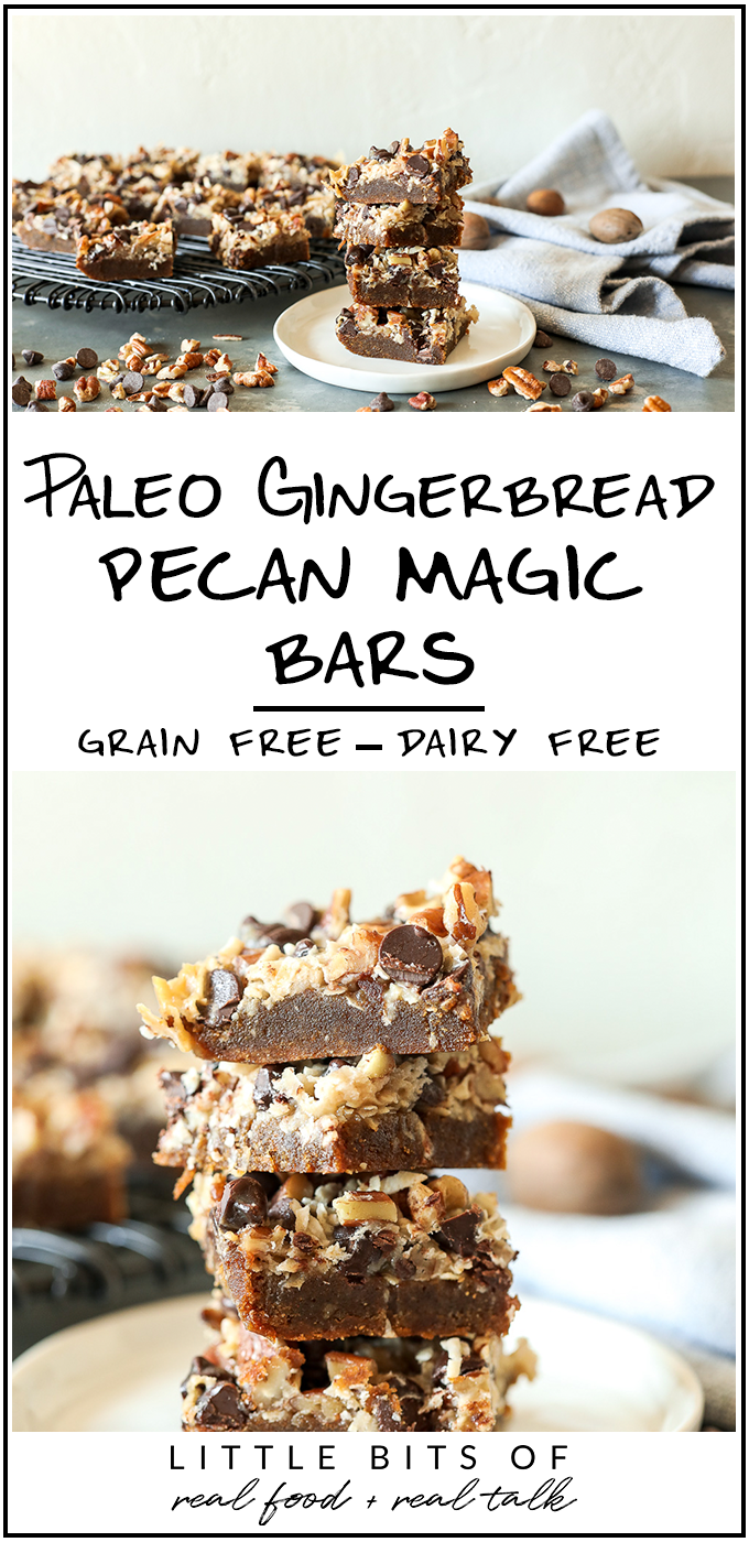 This Paleo Gingerbread Pecan Magic Bars recipe is so delicious and you would never believe it is dairy free!